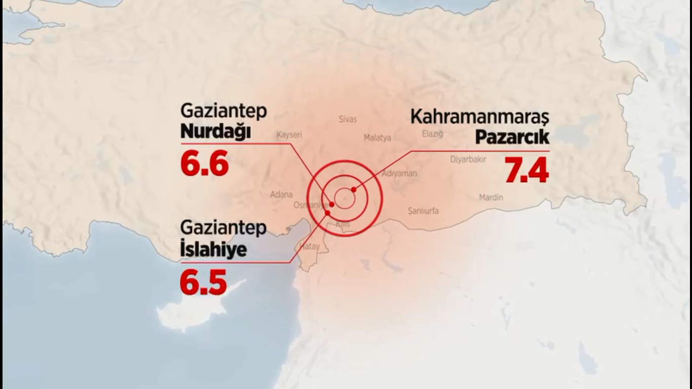 نقشه گرافیکی زلزله ترکیه و شدت آن در شهرهای مختلف ترکیه