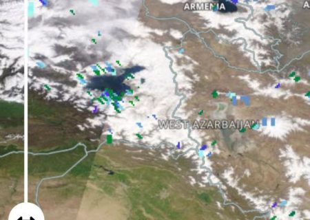 تصویر مقایسه ای پوشش برف و میزان بارش دریاچه ارومیه و دریاچه وان در یک روز واحد