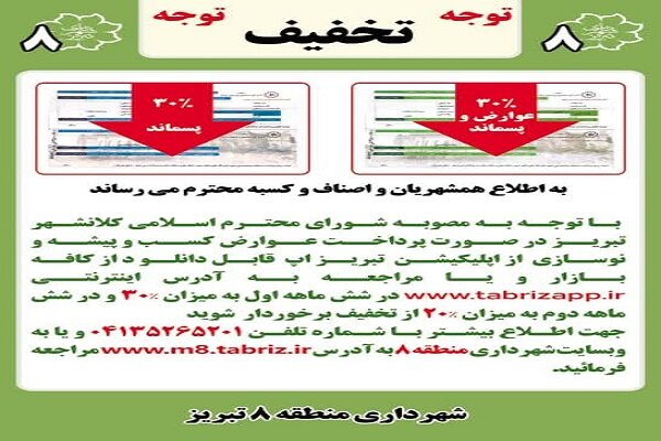 اعمال تخفیف ۳۰درصدی عوارض نوسازی و مشاغل شهرداری منطقه ۸